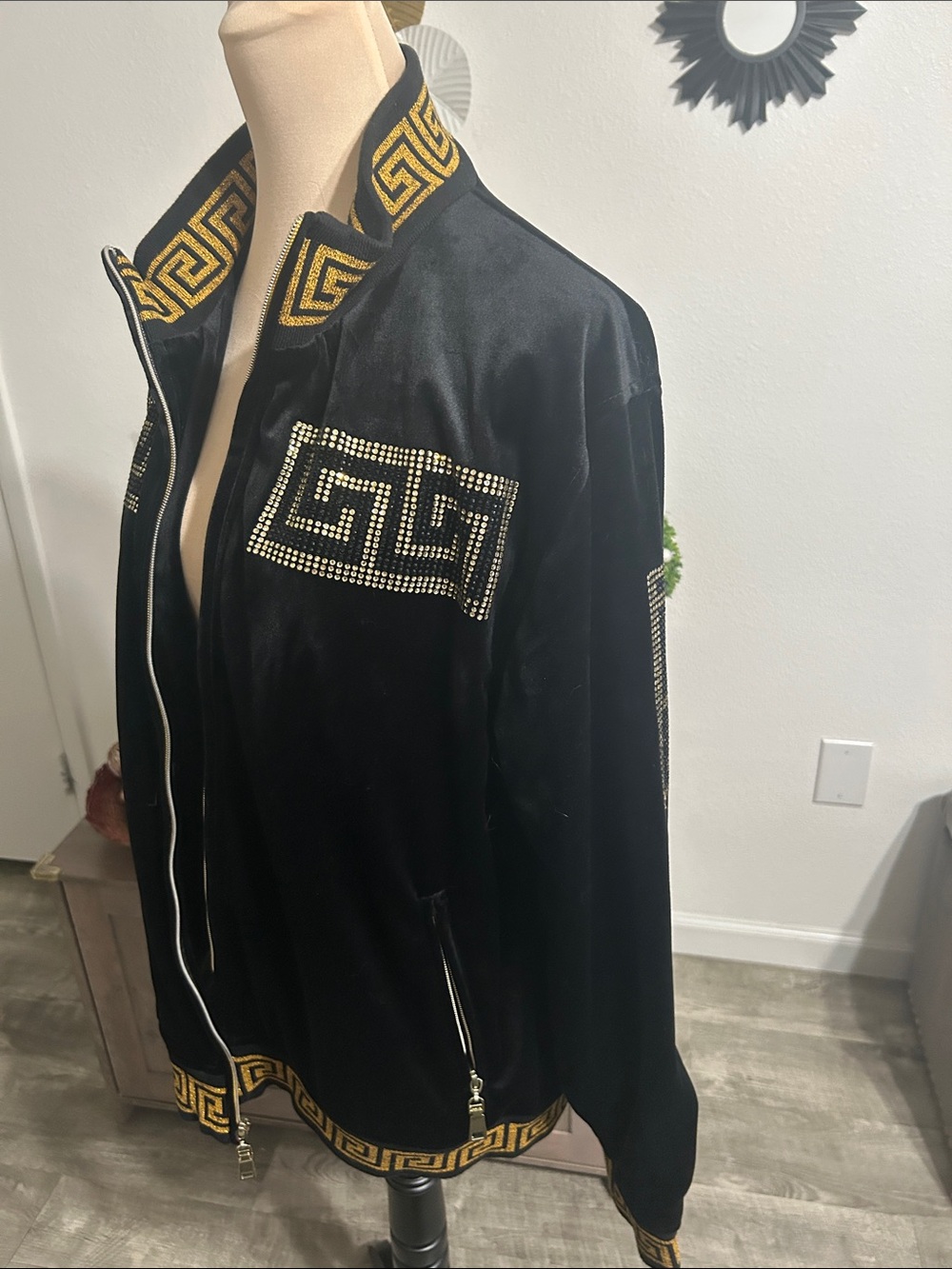 Black Velvet Bomber Jacket with Gold Greek Key Trim - Picture 3 of 10